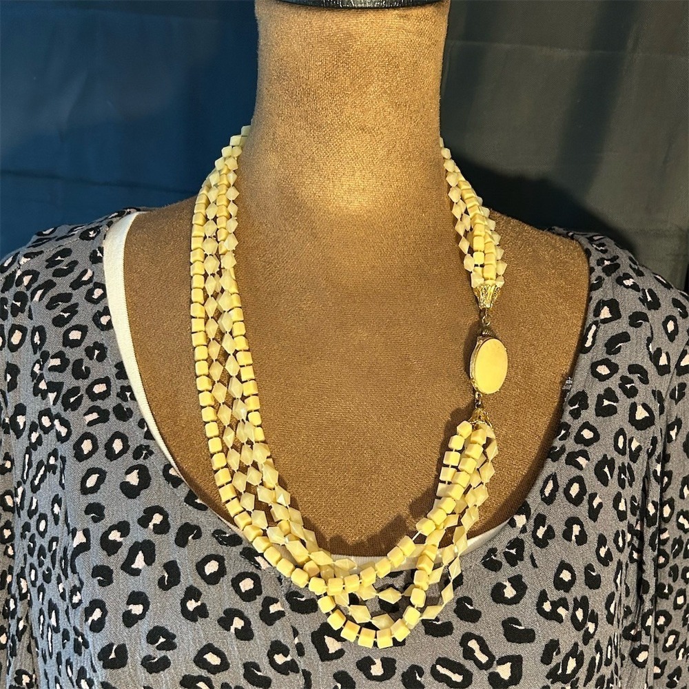 Vintage Necklace Cream Ivory Multi-Strand Acrylic Beaded Statement